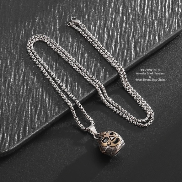 Wrestler Wrestling Mask Silver & Gold Pendant 60cm Stainless Round Box Chain - Picture 5 of 8
